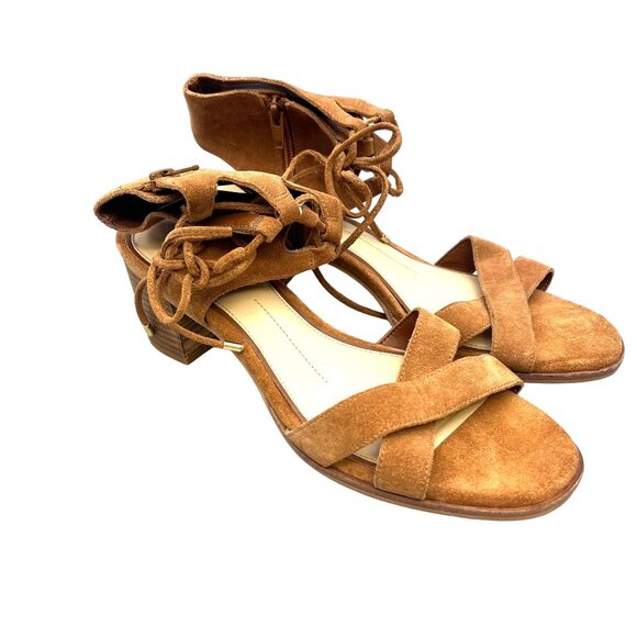 Brown Suede Open-Toe Sandals Festival Boho Concert Lace-Up Ankle Block Heel 9.5 - Picture 4 of 10